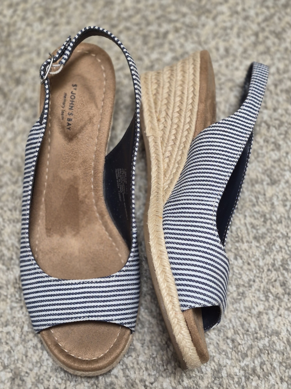 St. John's Bay Laila Navy & White Striped Espadrille Wedge Sandals